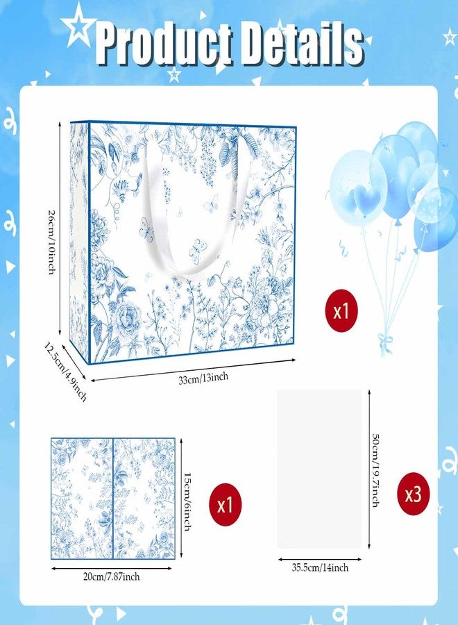 MUNILAIL 13 Inches Blue Floral Gift Bag with Tissue Paper Handle and Greeting Card Flower Gift Bag for Wedding Bridal Baby Shower Birthday Party Large Paper Gift Bag - Image 3